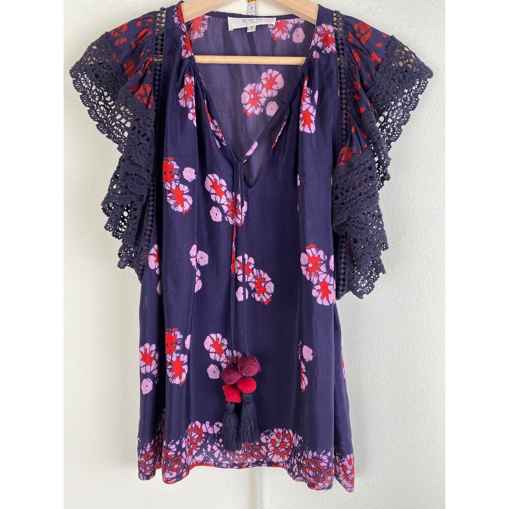Sea New York Floral Ruffle Sleeve Blouse Navy Red Pom Detail 2 - Picture 9 of 16
